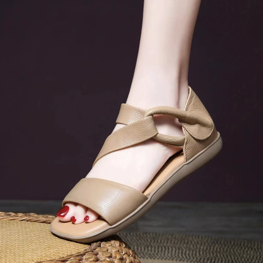 2413手工女鞋头层牛皮凉鞋时尚真皮软底平底百搭夏季低跟露趾防滑