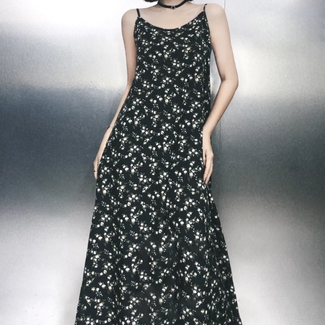 (小碎花)82159法式黑色碎花时尚感百搭裙炸街长裙复古气质休闲