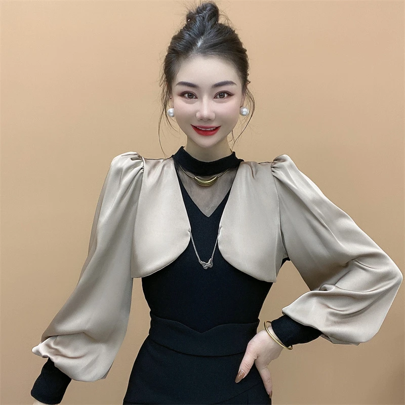 长袖缎面拼接假两件T恤气质半高领时尚高档显瘦打底小衫