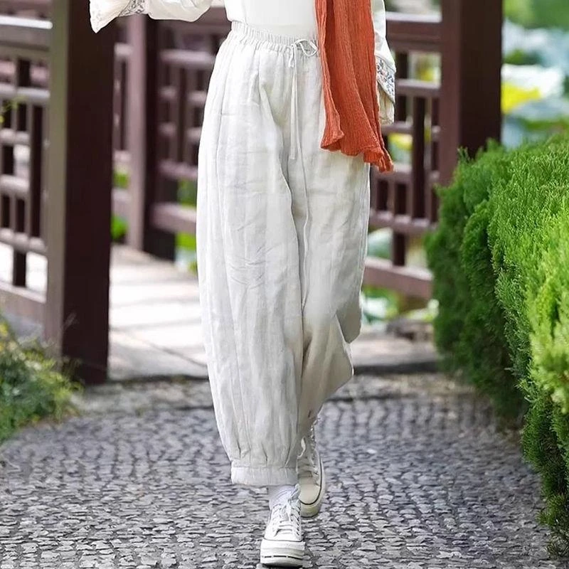 2024秋冬新款纯色松紧腰系绳复古砂洗纯亚麻灯笼棉裤女