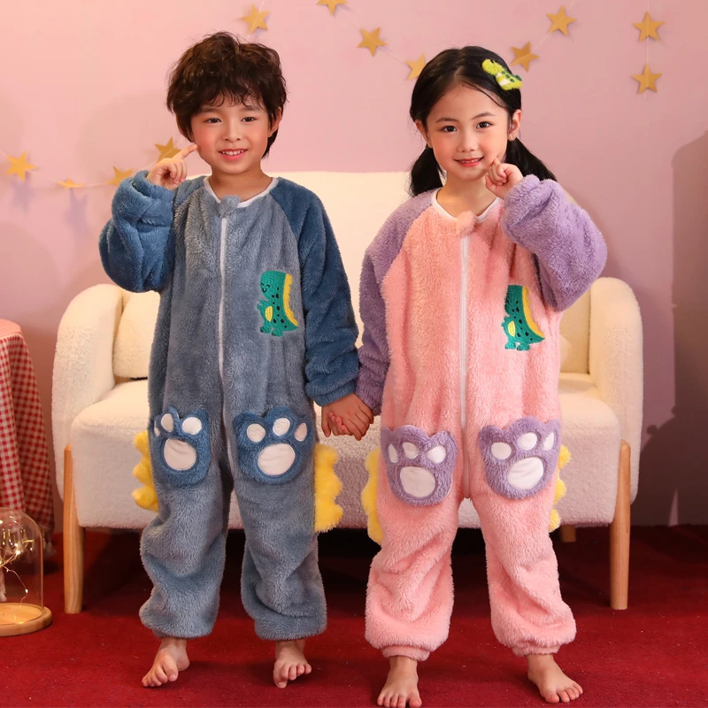 儿童连体睡衣冬季加厚珊瑚绒男女童家居服卡通恐龙加绒宝宝家居服
