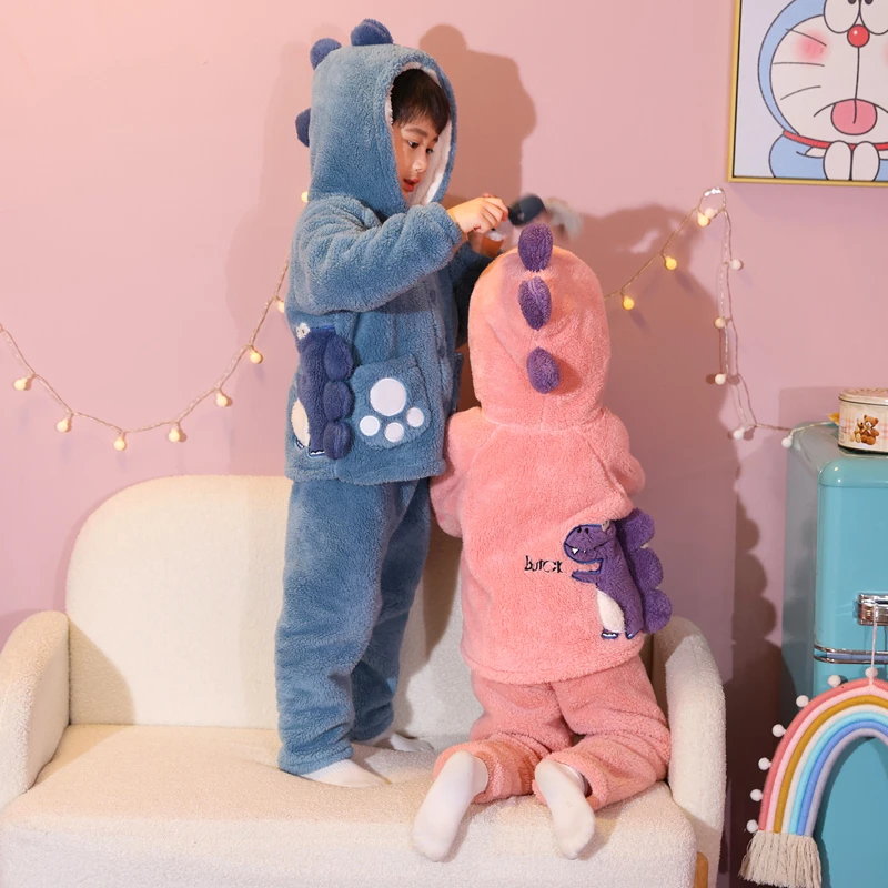 儿童睡衣男女孩新款秋冬季加绒加厚珊瑚绒男女童恐龙冬款卡通套装