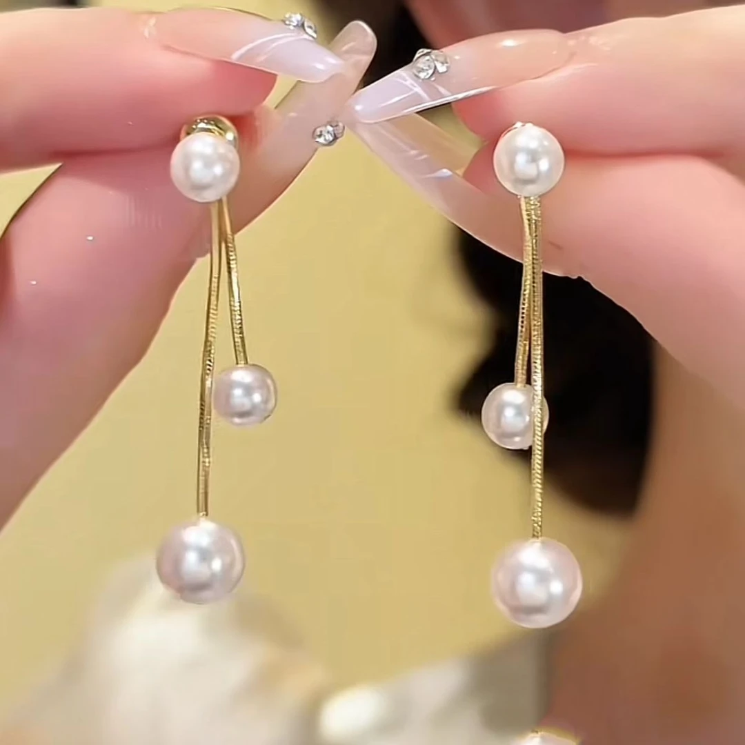 铜合金耳饰 H187两戴气质优雅珠珠耳环2024长款百搭流苏耳饰耳坠