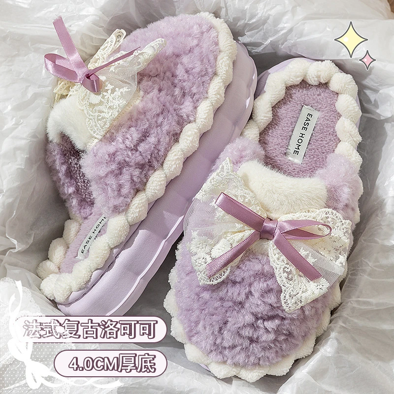 蝴蝶结厚底棉拖鞋女款秋冬季居家室内防滑外穿毛绒保暖网红毛拖女