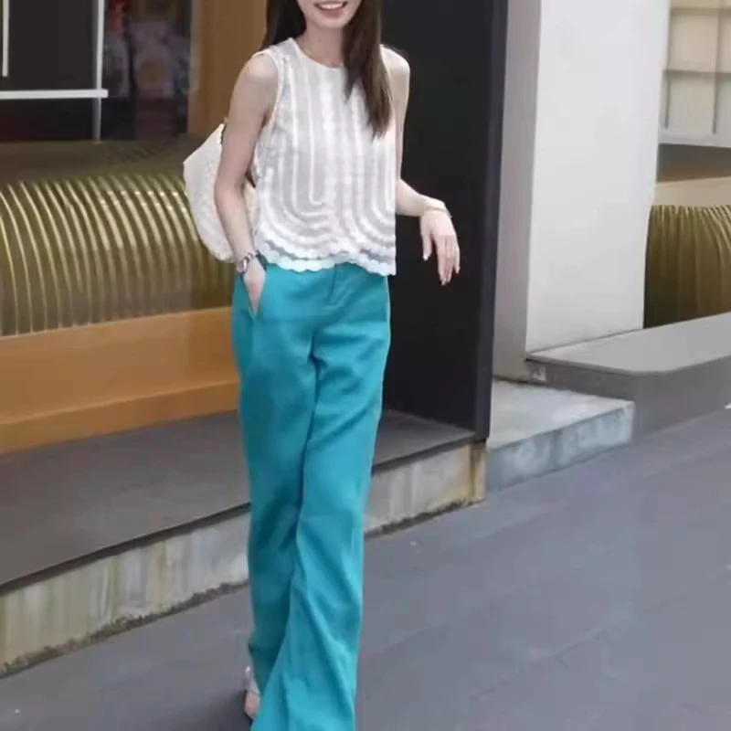 冷淡风盐系夏天穿搭白色无袖背心蓝色阔腿裤女夏季