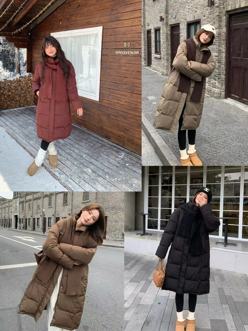 冬季加厚棉服女款中长款过膝配围巾百搭