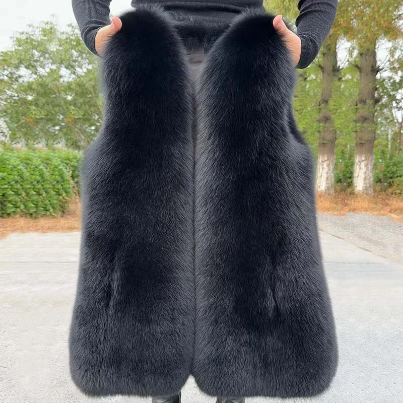 狐狸整皮马甲王黑色冬款皮毛一体百搭时尚女款洋气真皮保暖外穿