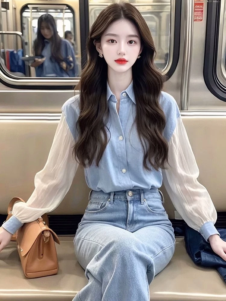 法式气质蓝色拼接长袖衬衫女2025春秋内搭外穿高级感别致上衣女