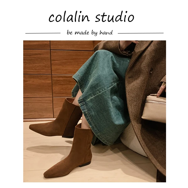 【林可乐】极简风短靴2cm跟简约百搭小方头复古软底软面秋冬瘦瘦靴