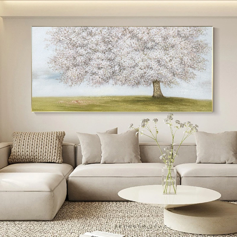 手绘油画【樱花树下】客厅侘寂风原创简约抽象装饰画客餐厅玄关绘画