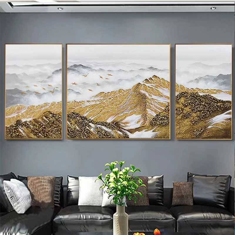 【日照金山】原创手绘油画定制书画客厅背景墙挂画沙发背景三联画