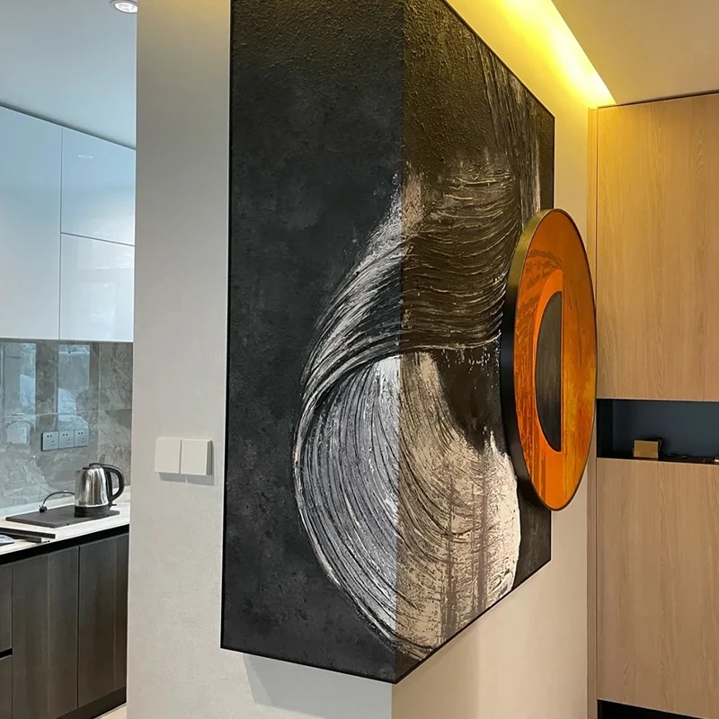 《海浪》黑白灰意式客厅原创手绘画转角画肌理装置实物抽象餐厅挂画