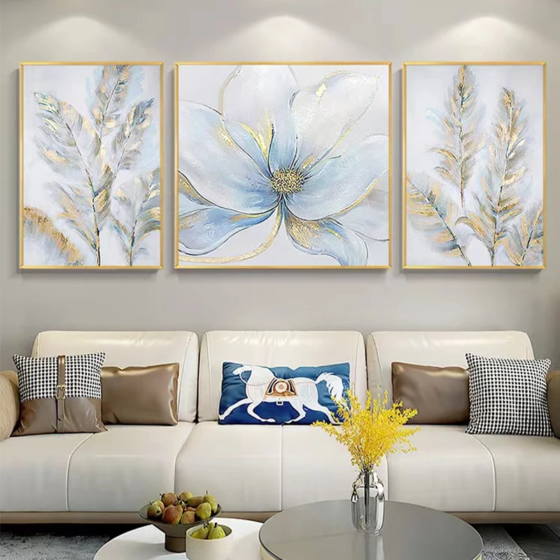 【蓝色金羽】手绘油画现代简约轻奢风三联客餐厅肌理组合装饰画