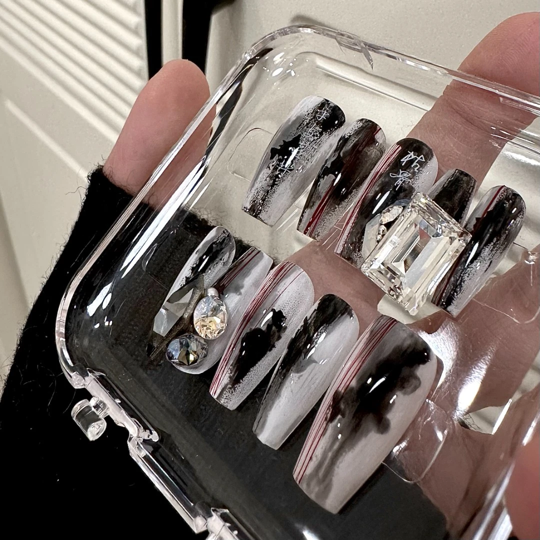 【毛利美甲事务所】绝版 水墨 施华洛 国风黑白高级穿戴甲片定制