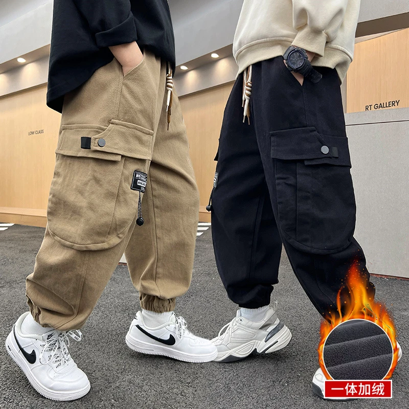 男童冬装加绒裤子儿童加厚工装裤2024新款秋冬大童一体绒休闲长裤