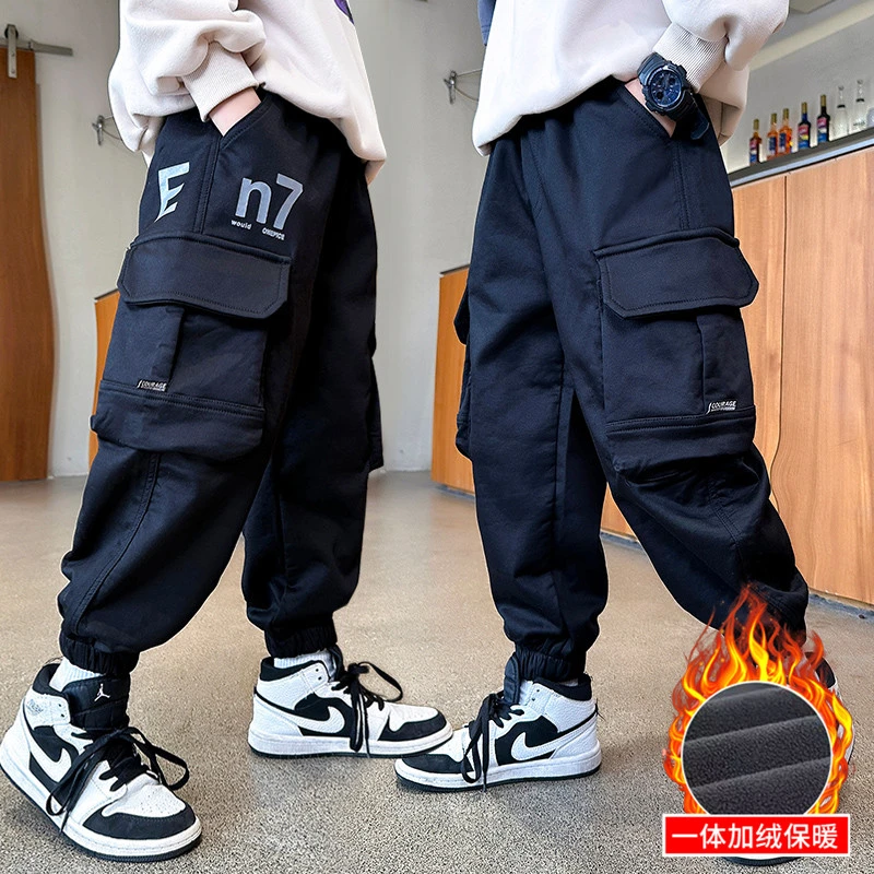 男童秋冬季加绒工装裤2023新款儿童加绒加厚一体绒休闲宽松裤子潮