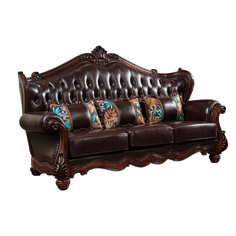 华文世家美式实木真皮沙发雕花复古高端别墅客厅家具欧式沙发组合