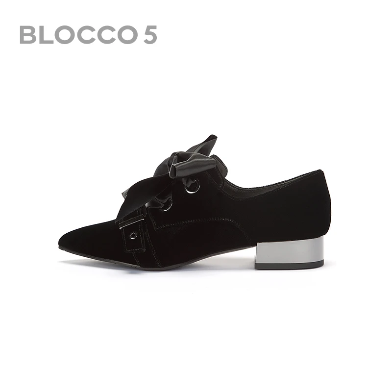 BLOCCO5 2021时尚早秋新品英伦风气质单鞋尖头天鹅绒蝴蝶结小皮鞋