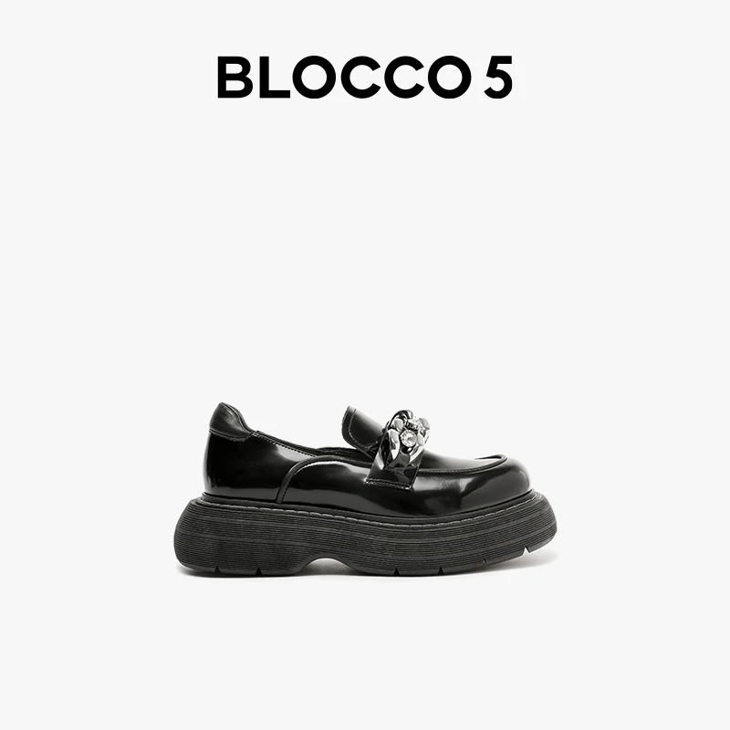 BLOCCO5新款鞋水钻链条圆头浅口厚底增高显瘦真皮乐福鞋女
