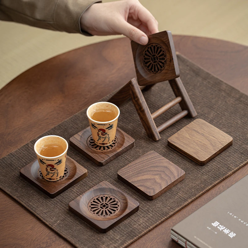 黑胡桃木杯垫方形圆手工沥水蓄水茶杯垫隔热茶具杯托防烫杯垫套装