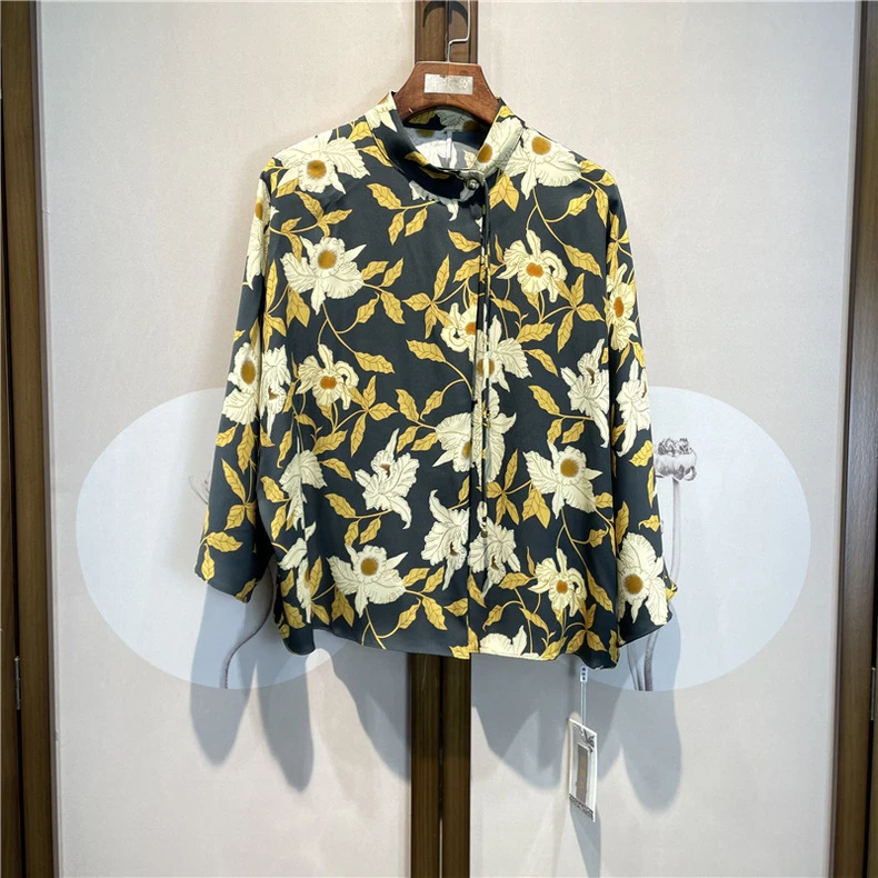桑蚕丝衬衫印花宽松蝙蝠袖质感高端套头通勤百搭外穿上衣女夏季新