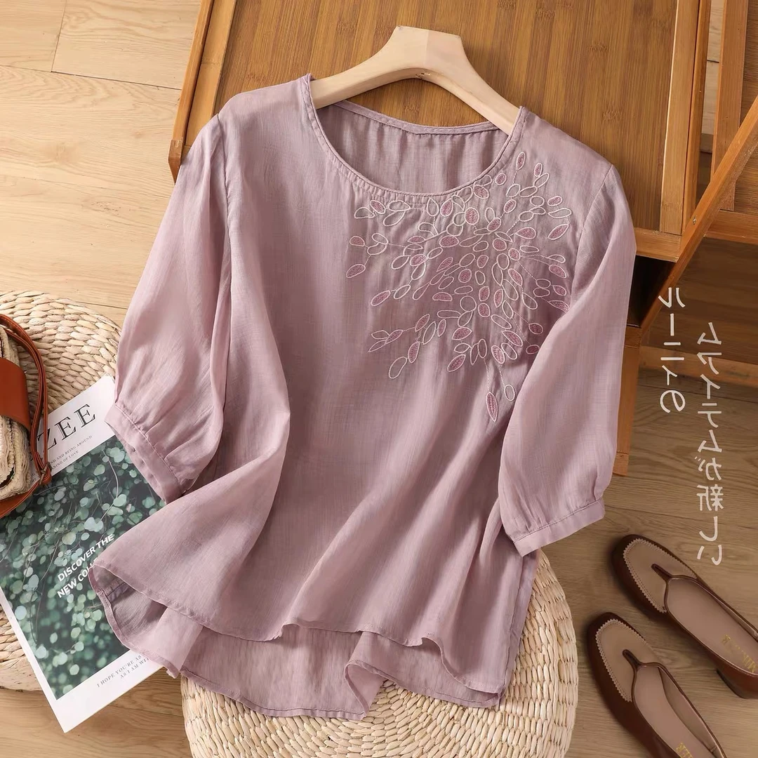 【当天发+退换包邮】夏季复古刺绣棉麻女宽松显瘦薄款短袖上衣492