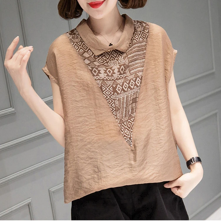 【当天发+退换包邮】娃娃领短袖棉麻夏季显瘦拼接女装印花上衣452