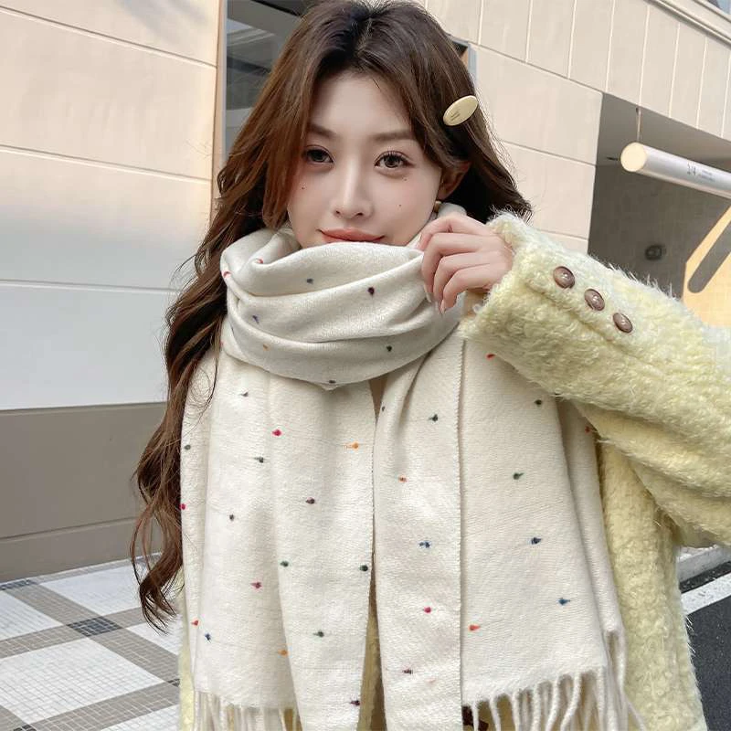 2024新款围巾秋冬季女高级感可爱圆点流苏保暖韩系氛围感百搭围脖