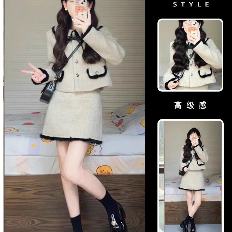 「奶茶」JJX5314-1轻奢小香风套装毛呢外套+半裙套装