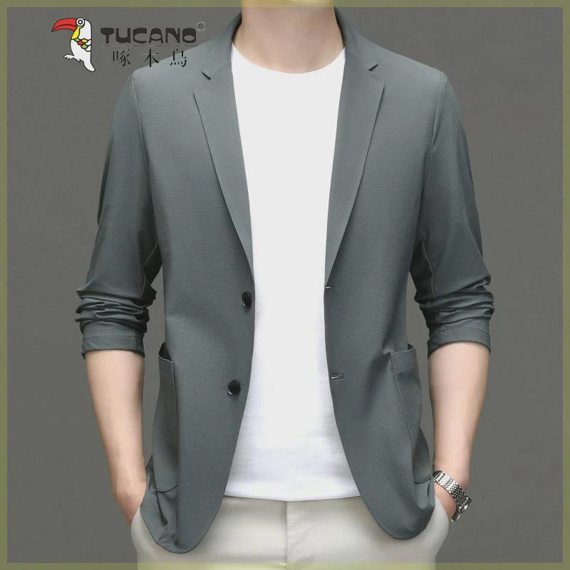 啄木鸟无痕冰丝防晒休闲西服男夏季轻奢商务时尚潮流高档薄款单西