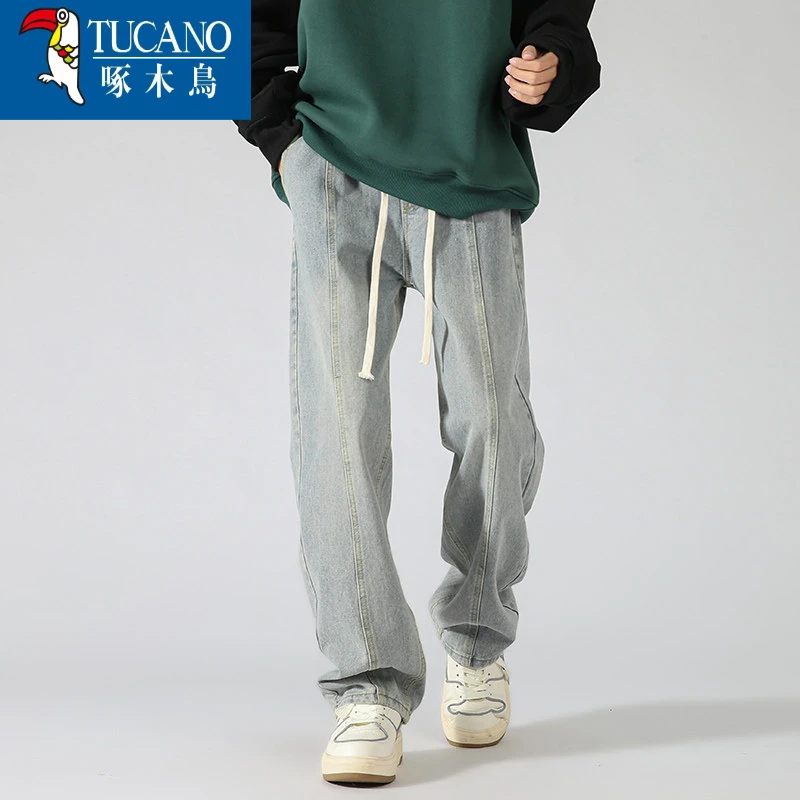 啄木鸟TUCANO春秋季美式高街中缝水洗牛仔裤女高街直筒抽绳百搭潮