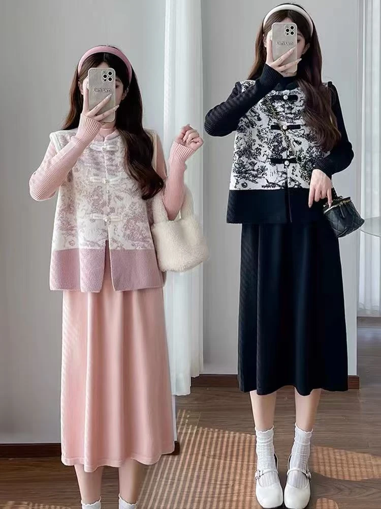 【编码372】真两件琵琶扣马甲休闲减龄女款爆款2024新款韩版针织裙