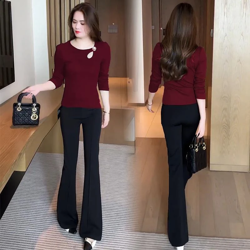 时尚套装女早秋新款设计感修身显瘦内搭T恤上衣微喇裤气质两件套