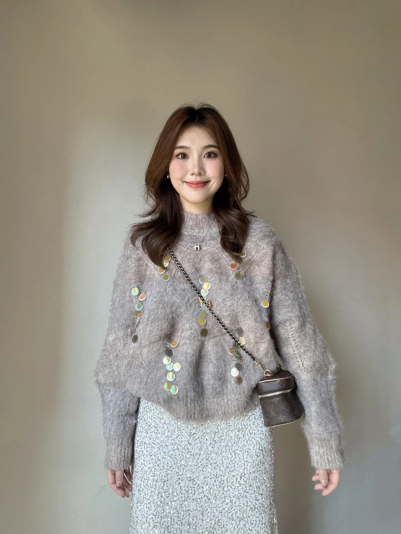 亮片懒慵秋冬套头针织女驼色美拉德毛绒绒厚款高级感时髦毛衣