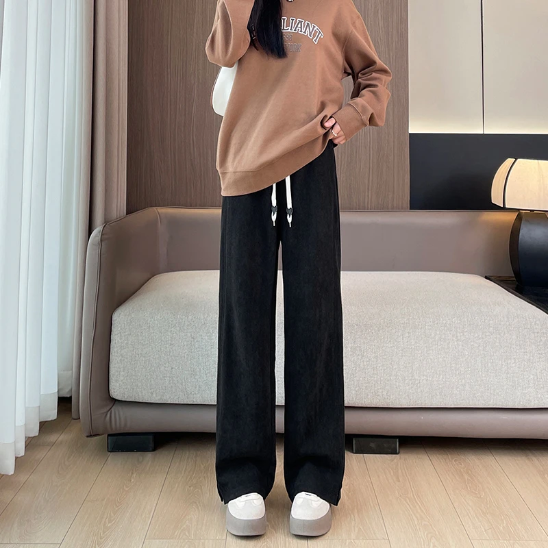 加绒加厚窄版阔腿裤女秋冬新款保暖高腰显瘦垂感直筒裤开叉休闲裤