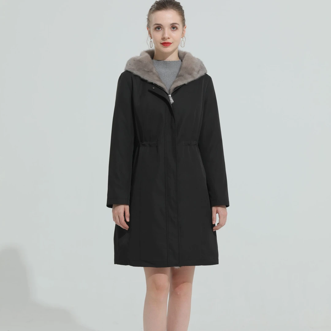 中长款95CM 款号2280 商场专柜同款貂绒派克女士连帽中长款简约