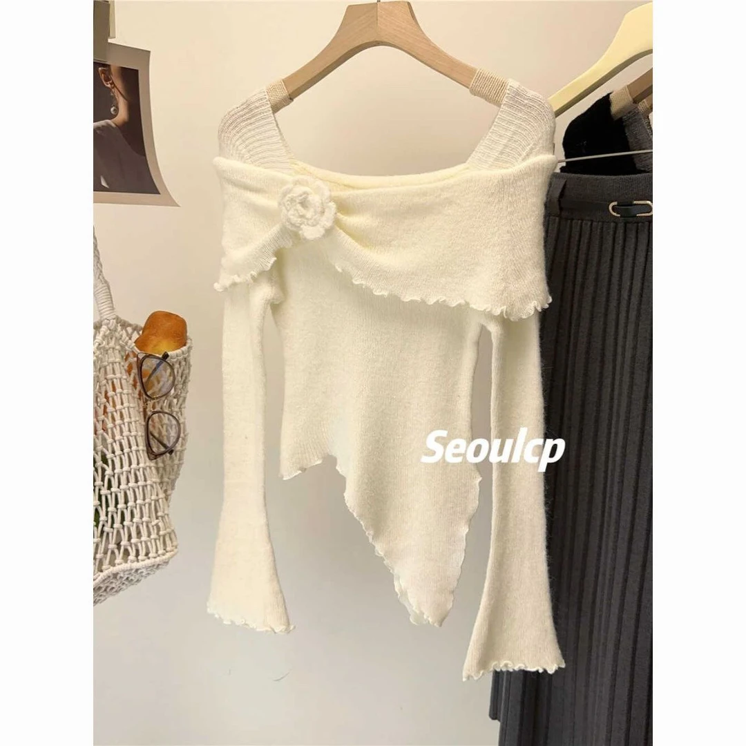 气质方领一字肩毛衣女装秋冬喇叭袖不规则修身长袖套头针织衫上衣