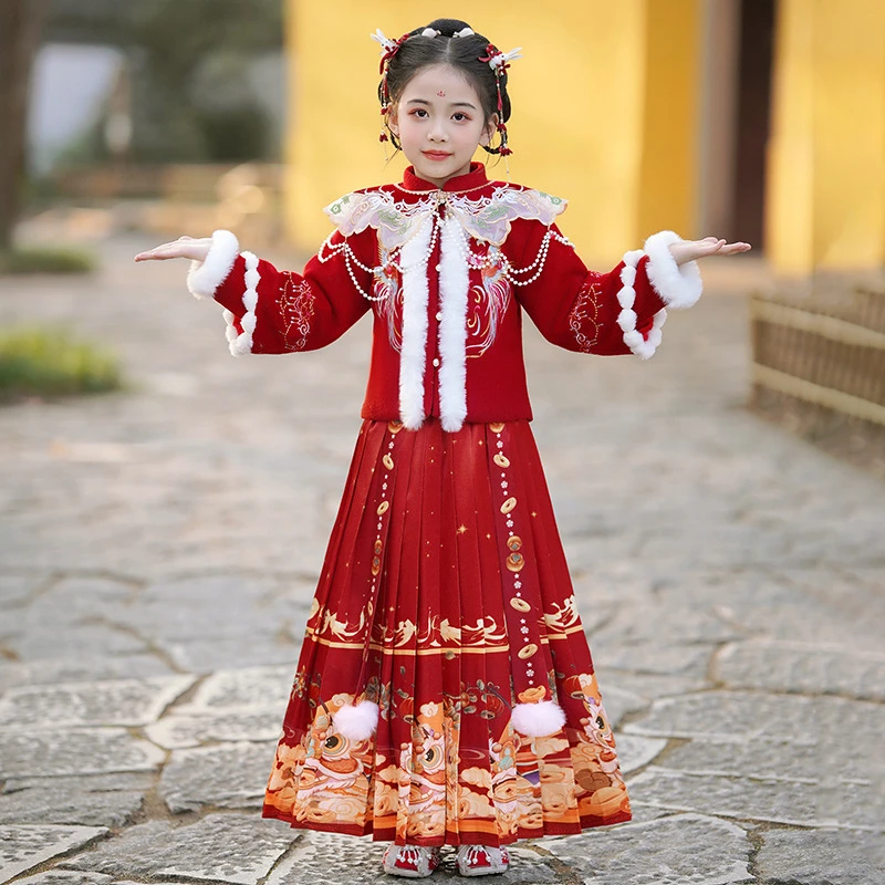 冬装加厚中国风唐装拜年服马面裙女童套装冬季新款儿童汉服过年服