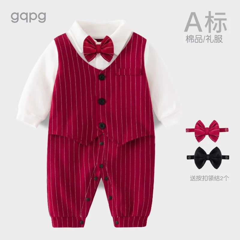 婴儿满月服百天日一周岁礼服男哈衣爬服宝宝夏季装酒红短袖连体衣