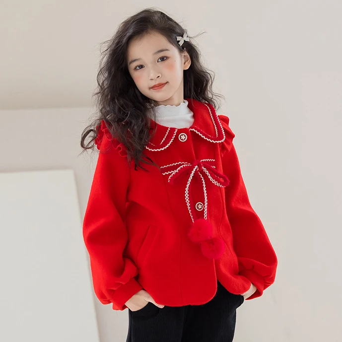 儿童呢子外套短款红色拜年服秋冬新款加厚中大童毛呢开衫上衣
