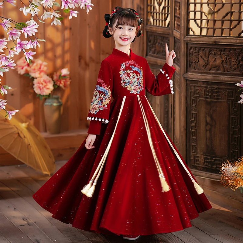 女童冬款汉服儿童拜年服秋冬加绒加厚过年衣服冬中国风唐装连衣裙