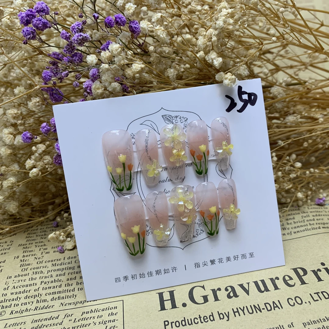 250#中梯 手绘郁金香纯手工美甲穿戴甲秋冬款高级感成品指甲贴片