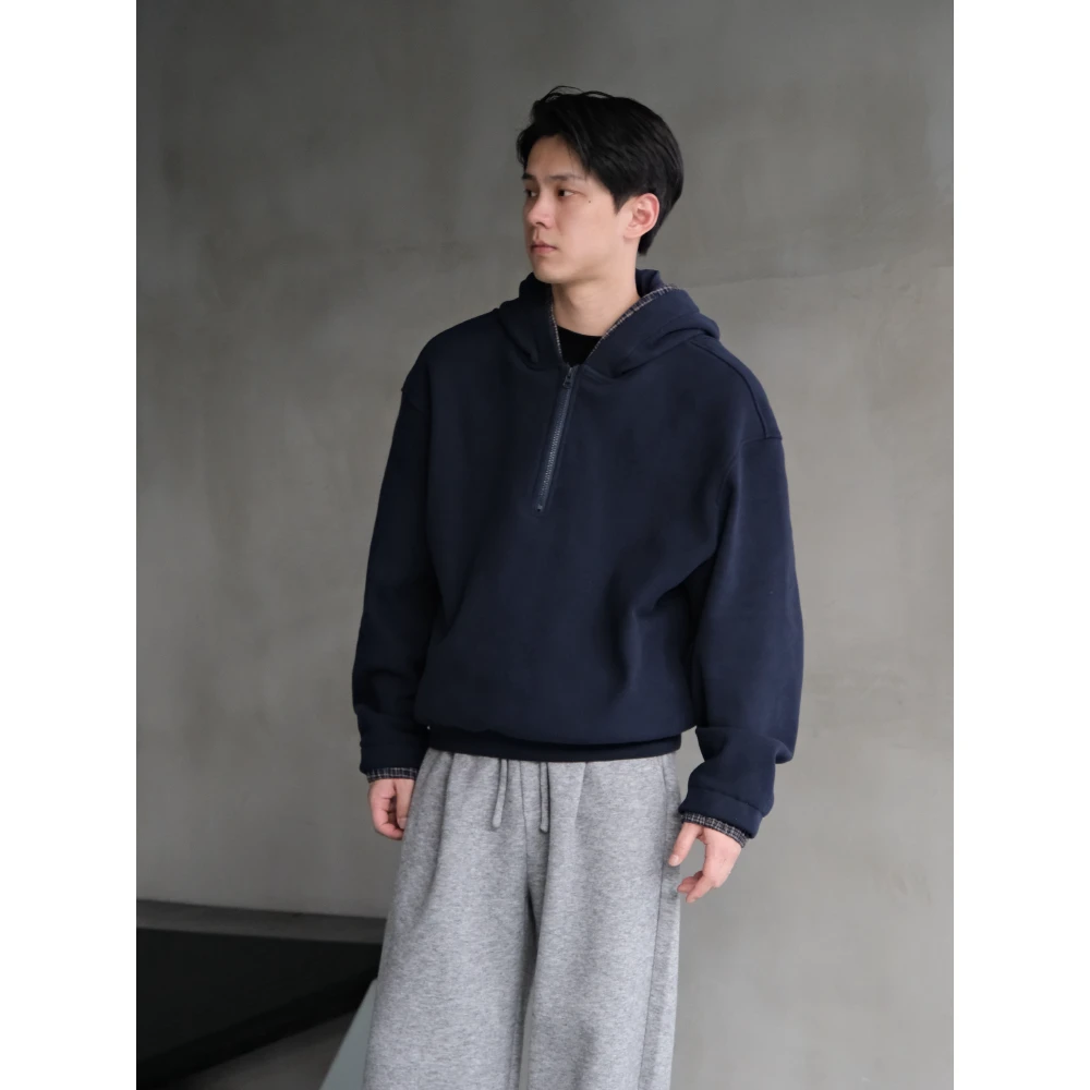 【DUPU】秋冬500g半拉链门襟拼格纹抗皱短宽版亲肤柔软加绒连帽卫衣