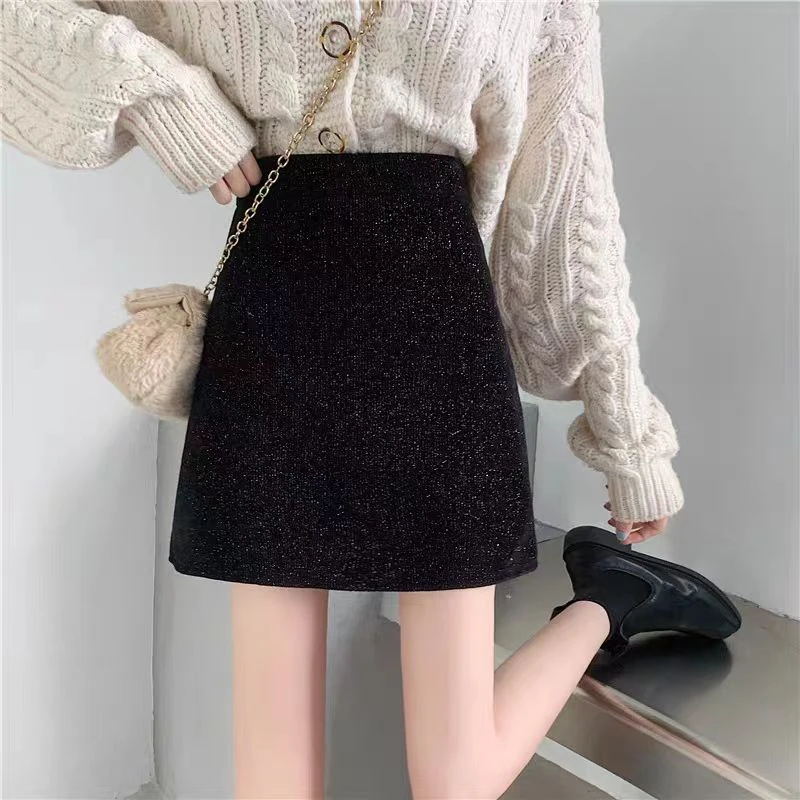 「星光繁尘」 韩版高腰  小香风显瘦A字百搭亮丝星空短裙