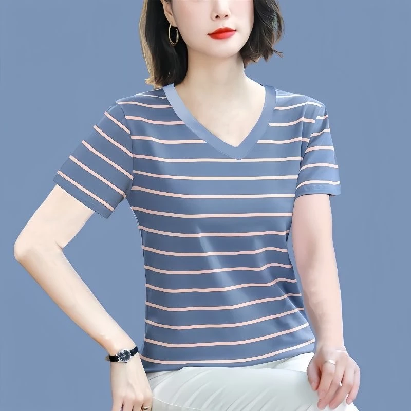 夏季v领短袖T恤女2024年新款棉质上衣大码宽松鸡心领条纹半袖体恤
