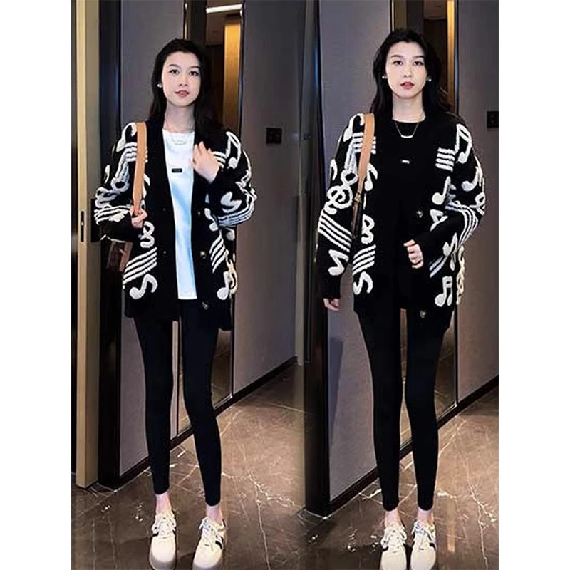 春秋季慵懒风时尚中长款针织衫女毛衣开衫外套黑色长袖上衣外套潮