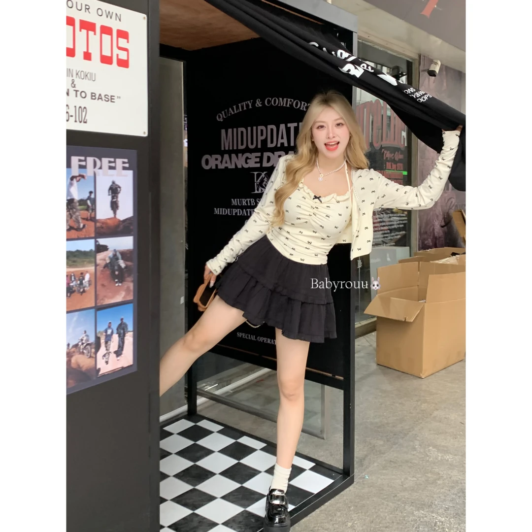 XQ怡600697/XQ怡600698【甜辣多多】蝴蝶领挂脖吊带长袖开衫半裙