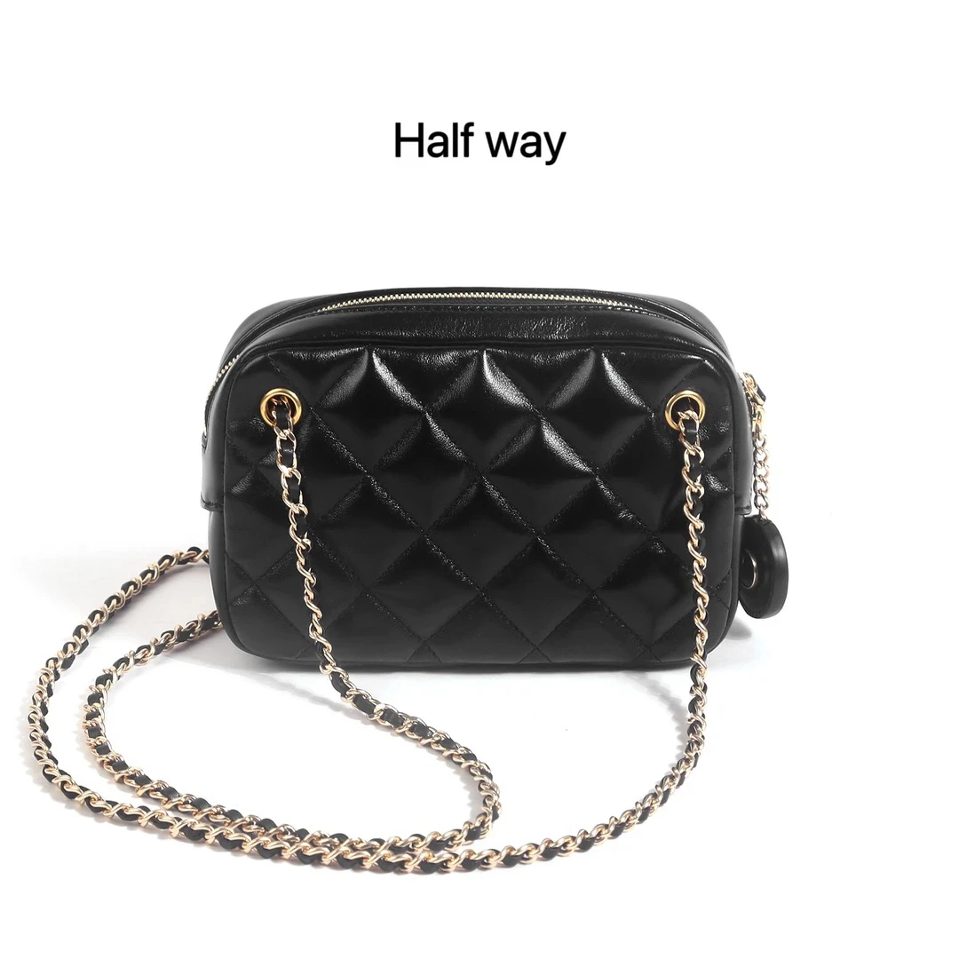 halfway DF-080 时尚相机包轻奢流浪包单肩盒子包漆皮黑银菱格