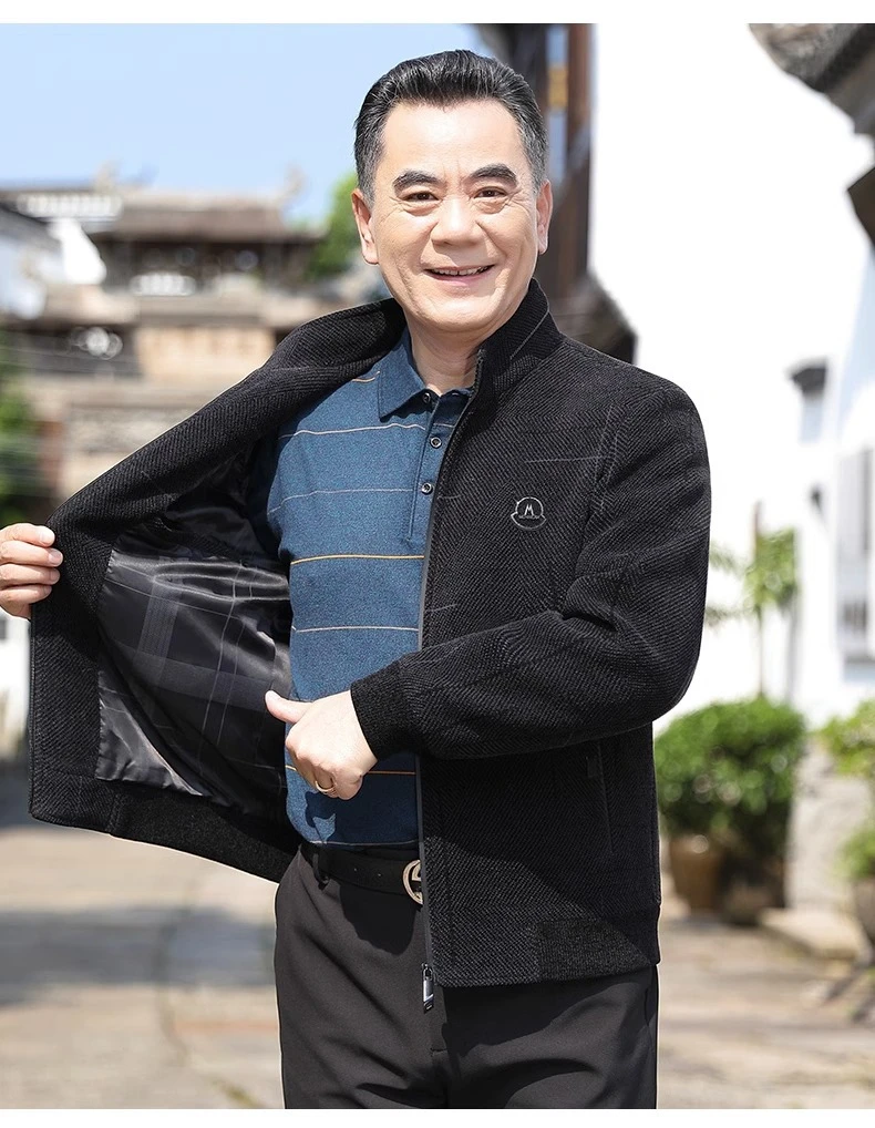 2023秋冬季中年男士雪尼尔夹克爸爸装毛呢外套春秋款中老年男装上
