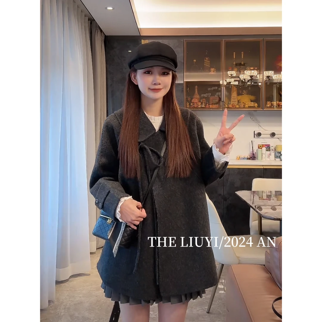 【LIUYI】潘多拉~冬季翻领系带羊毛混纺双面呢大衣48211